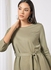Casual Rayon Blend Three-Quarter Sleeve Knee length Belted Dress With Scoop Neck 105 Olive