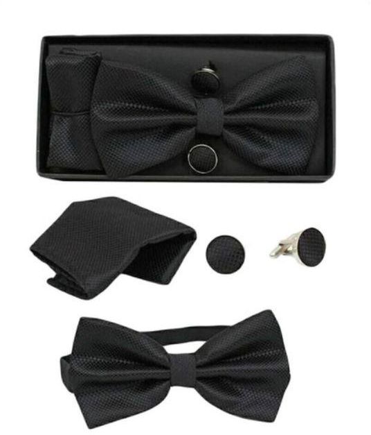 Fashion Men's Bow Tie, Cufflinks & Pocket Square Set - Black