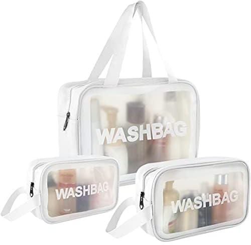 House of Quirk Unisex Adult Clear Toiletry Bag, Wash Make Up Bag Pvc Waterproof Zippered Cosmetic Bag, Portable Carry Pouch For Women Men (Set Of 3 Bag White)