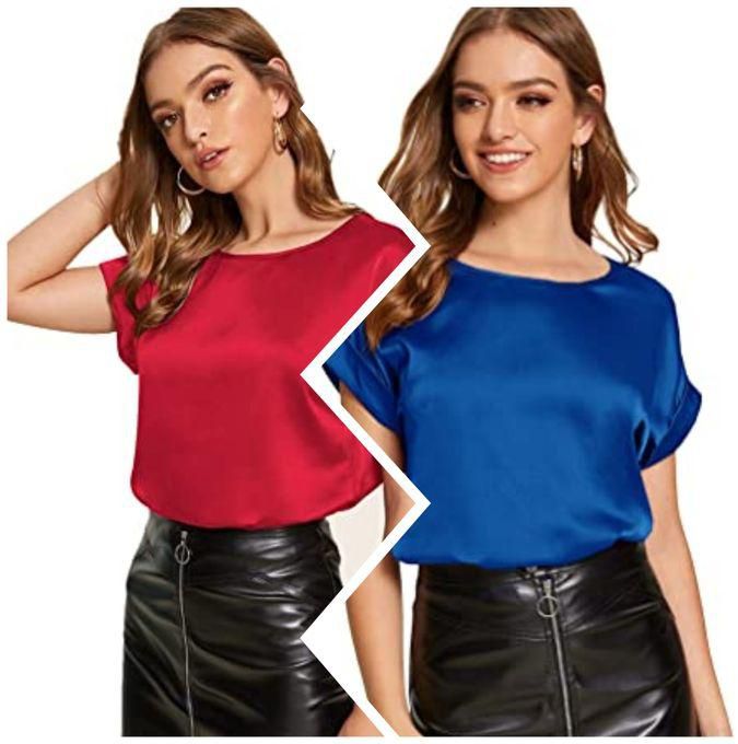 ROV D'Clothier 2in1 Women's Short Sleeve Top Round-neck Satin Silk Blouse Loose Fit Shirt