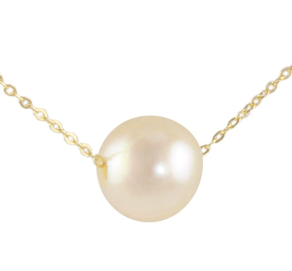 Vera Perla 18K Solid Gold Simple 7mm White Pearl Pendant Necklace