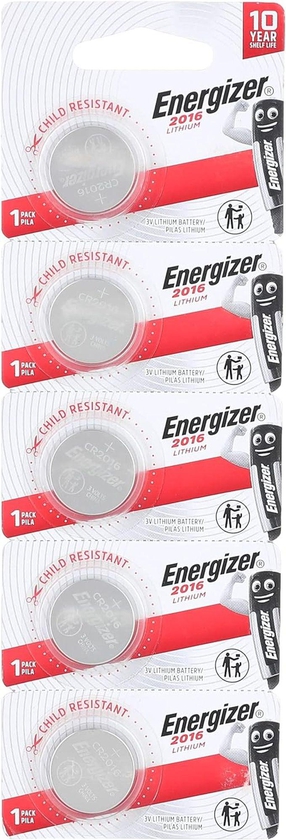 Energizer CR 2016 Lithium Coin Battery 3 Volts - 5 Pieces