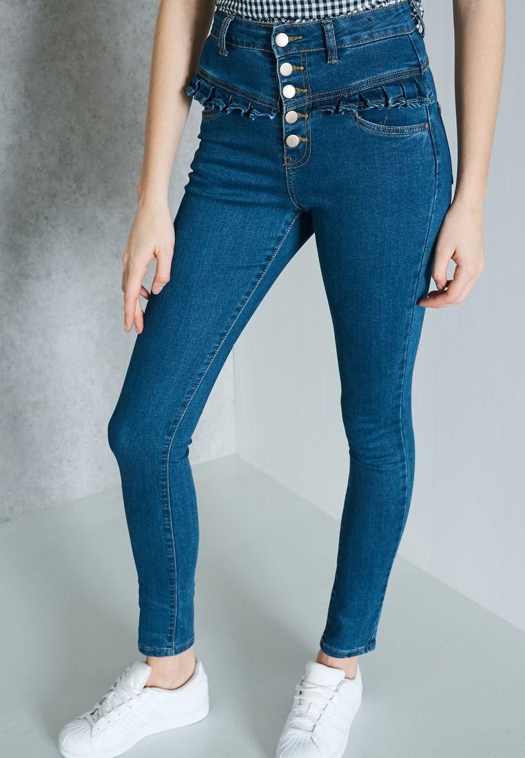 High Waist Button Detail Skinny Jeans