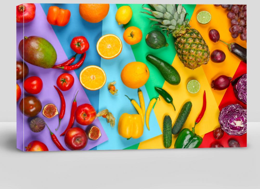 Many Different Fruits and Vegetables on Rainbow Background
