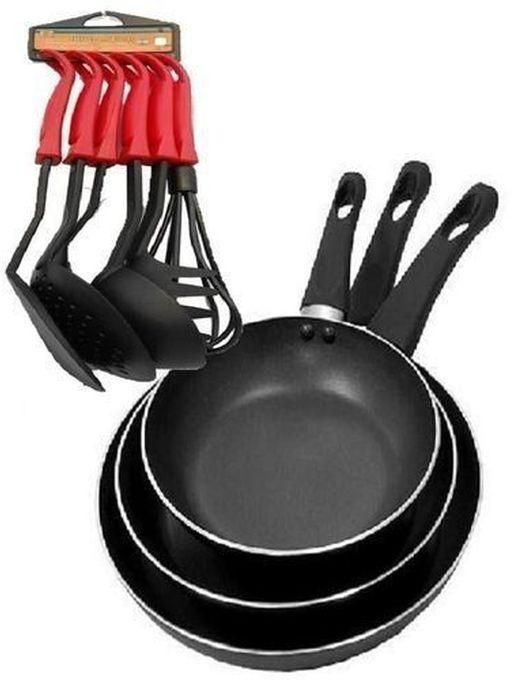 Set Of 3 Non-Stick Fry Pans With 6 Set Of Non-Stick Spoon