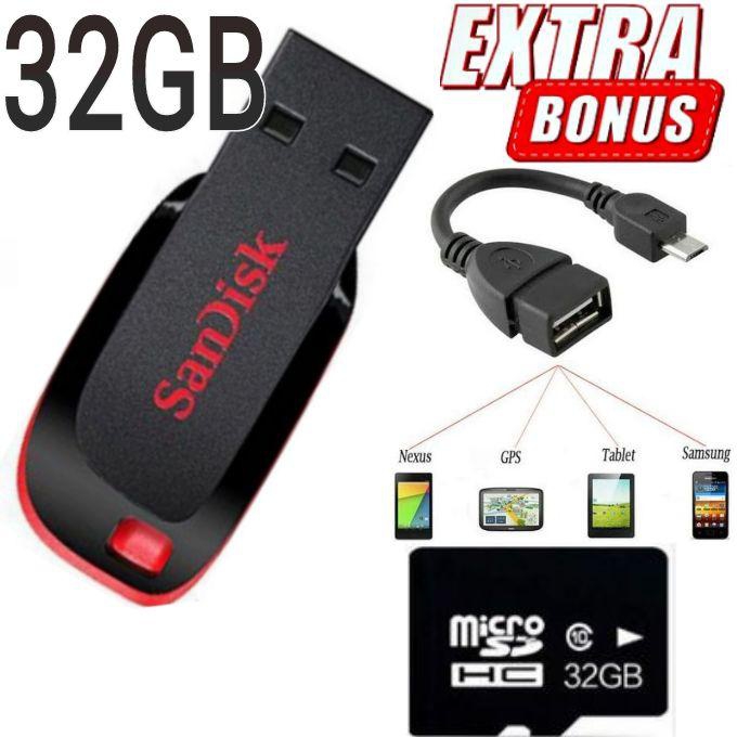 Sandisk High Speed Ultra USB Flash Disk Drive 32GB PLUS OTG Cable + Memory Card 32GB For Tecno Phones, Katululu Phones