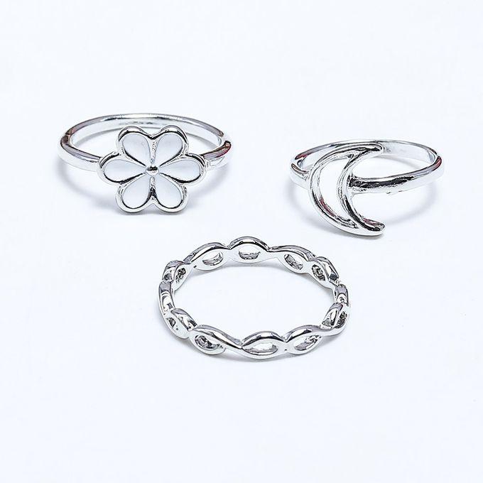 Set Of 3 Pieces Of Silver Ring For Women - 04 - Crescent Moon And Rose