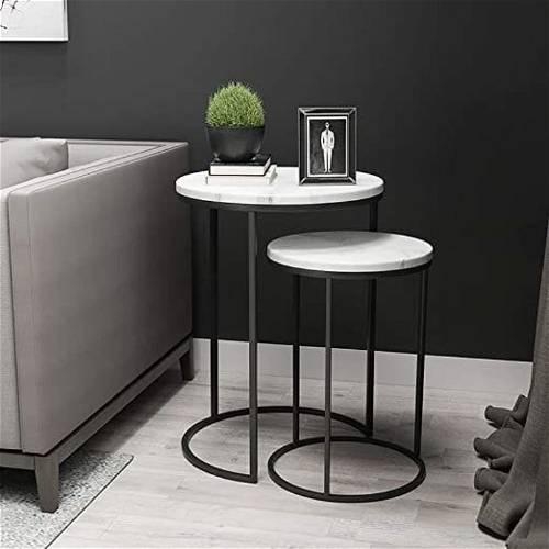 Side Table Set With marble Surface, 2 Pieces, Black- E24