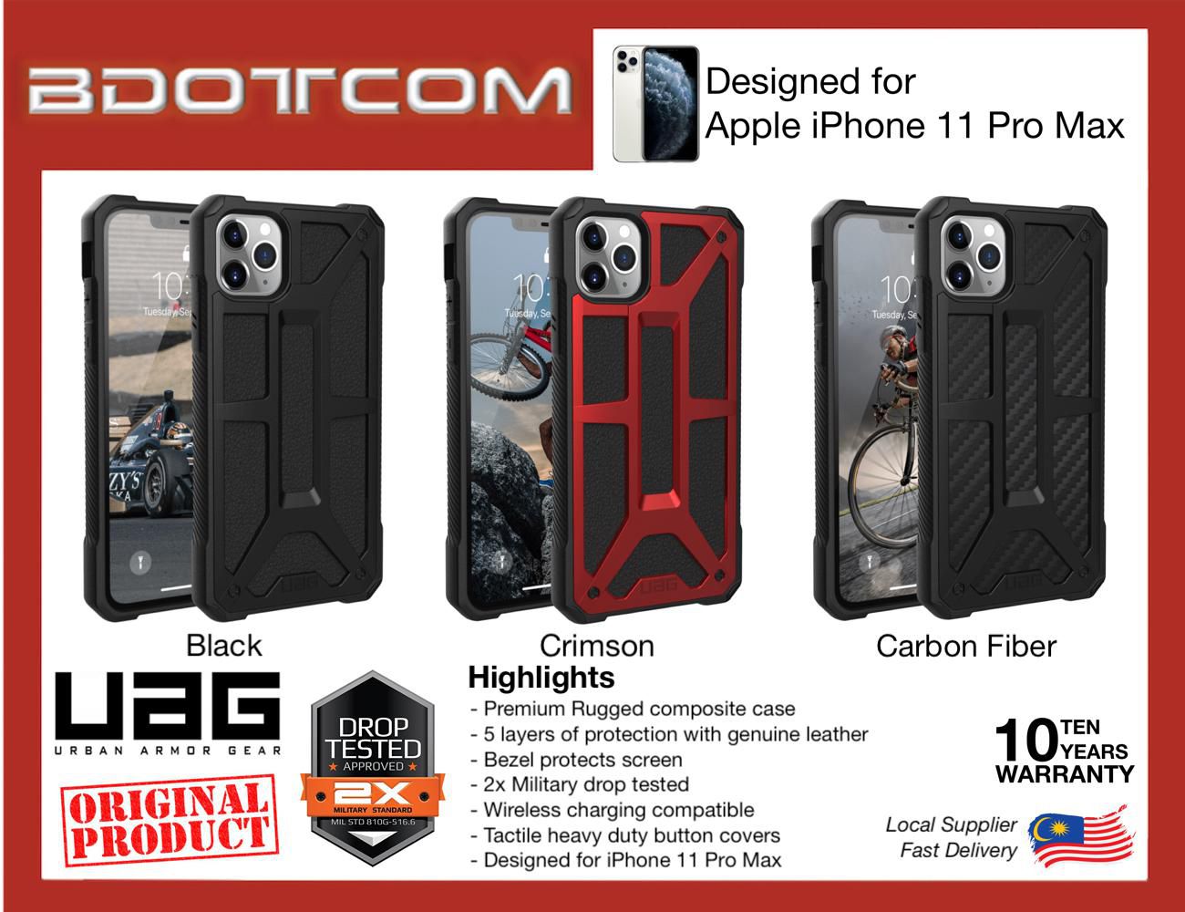 Bdotcom Original UAG Monarch Series Protective Case for Apple iPhone 11 Pro Max (3 Colors)