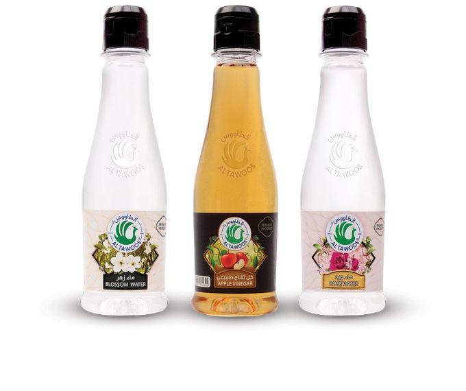 Al Tawoos Apple Vinegar - Rose Water - Blossom Water - Bundle 3 Bottles 250 Ml