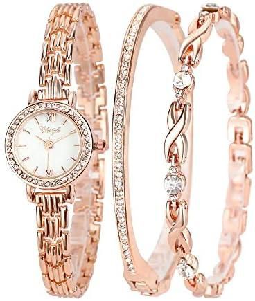 Elegant Watch and Bracelet Set for Women, Rose Gold Rhinestone Wrist Watch with Bangles, Mother of Pearl Ladies Bracelet Watches, Premium Crystal Accented Bangle Watch and Bracelet Set for Gradution