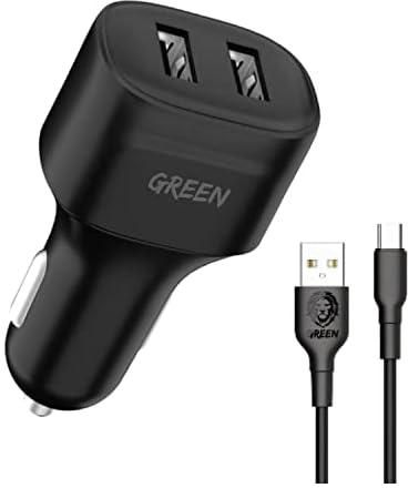 Dual Port Car Charger 12W with PVC Type-C Cable 1.2M Fast Charging | Portable Cigarette Lighter Adapter | Ultra-Fast Sync Charge Cable | Durable Compact Car Power Adapter (Black) - GREEN LION CHARGER