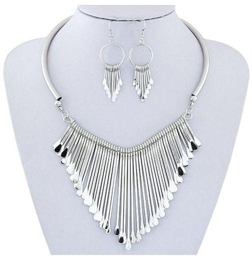 Neworldline Luxury Womens Metal Tassels Pendant Chain Bib Necklace Earrings Jewelry Set SL