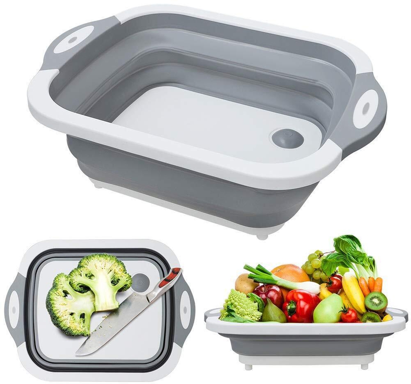 Foldable Multifunction Chopping Board, Collapsible Dish Tub Basin Cutting Board Colander, Vegetable Fruit Wash and Drain Sink Storage Basket, Space Saving for Kitchen Home (Grey)
