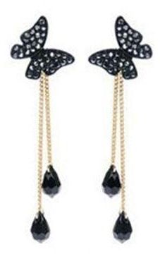 Bluelans Butterfly Tassel Stud Dangle Long Earrings (Black/Silver)