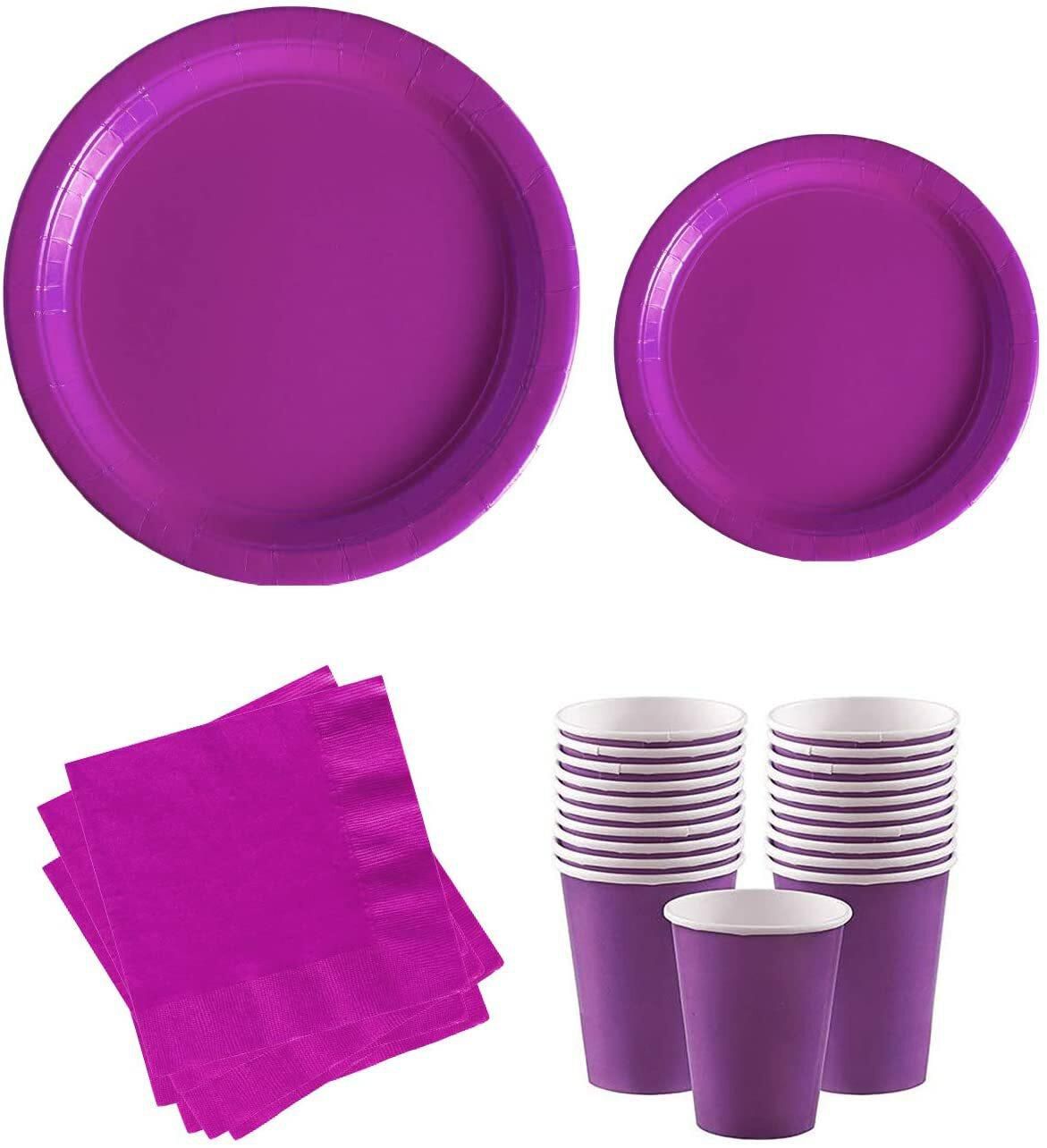 Party Time 48-Pieces Complete Party Pack Purple 9&quot; Dinner Paper Plates , 7&quot; Dessert Paper Plates, 9 oz Cups, 2 Ply Napkins - Birthday Party Tableware Set, Purple Party Theme