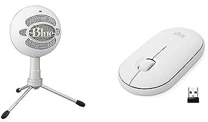 Blue Microphones Snowball Ice Plug 'N Play Bluetooth, USB Microphone - Pc And Mac White + Logitech Pebble Wireless Mouse, Silent, Slim Computer Mouse With Quiet Click For Laptop/Notebook/Pc/Mac