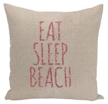 "وسادة زينة بطبعة عبارة "Eat Sleep Beach Glitter" لون بيج/روز جولد 16x16بوصة