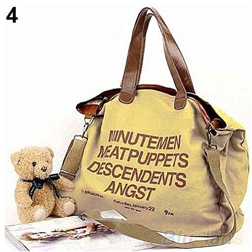 Sanwood Women's Large Capacity Canvas Letter Tote Messenger Handbag Zipper Shoulder Bag-Beige