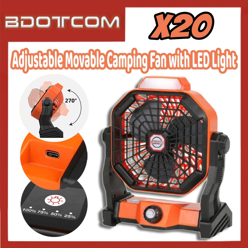 X20 2 in 1 Adjustable Movable Camping Fan with LED Light for Outdoor / Indoor