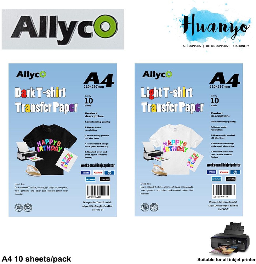 Allyco Light / Dark T-Shirt Fabric Transfer Paper A4 - 10 Sheets/Pack