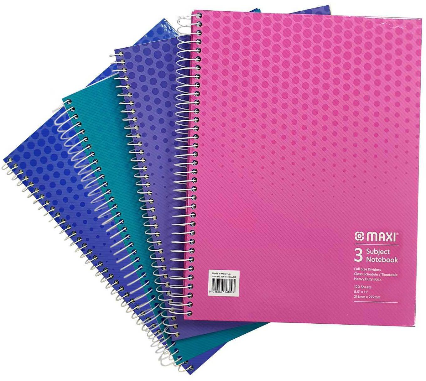 Maxi Spiral 3 Subject Notebook 120 Sheets Multicolour 11x8.5inch 4 PCS