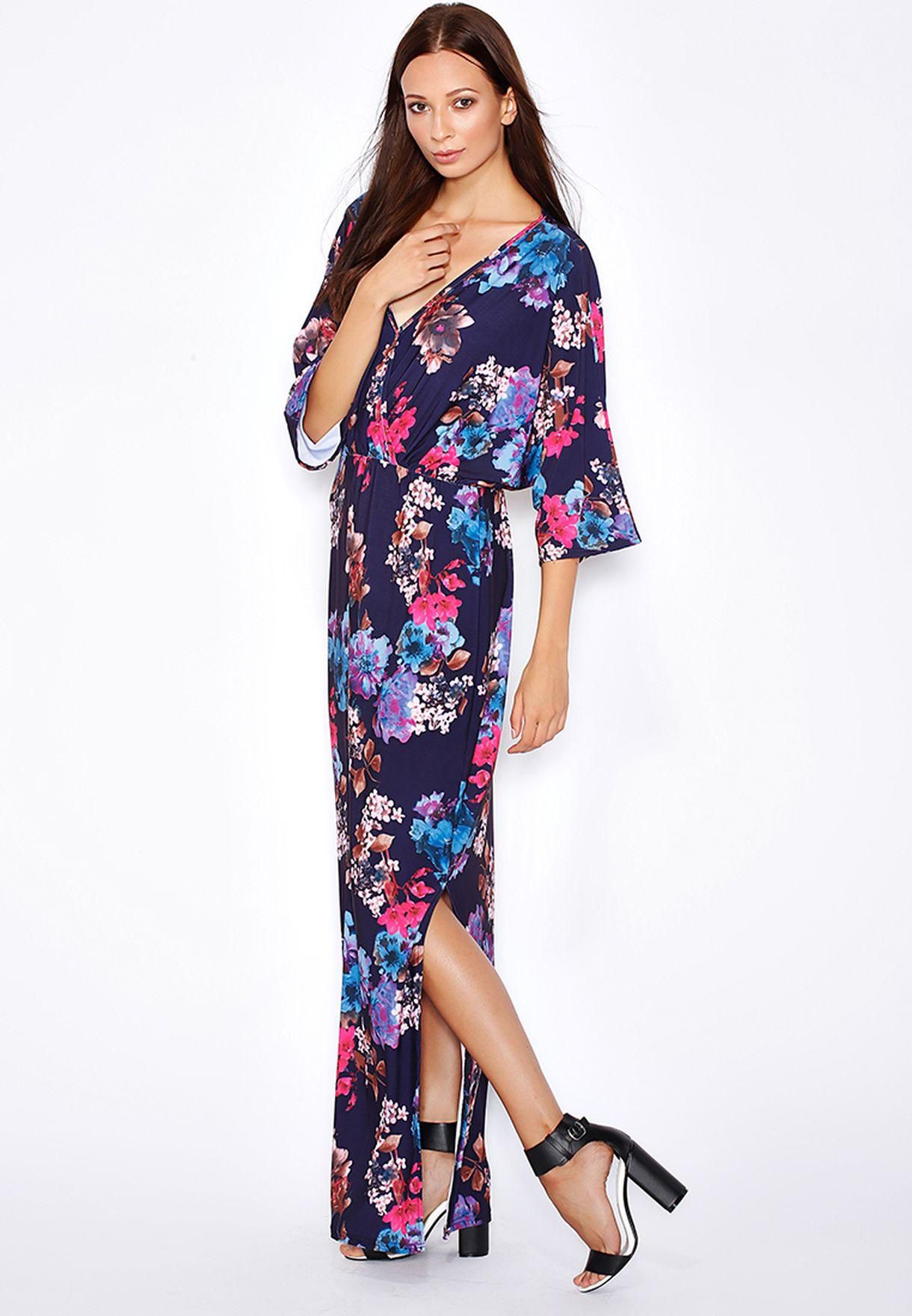 Floral Printed Ruched Slit Maxi Dress