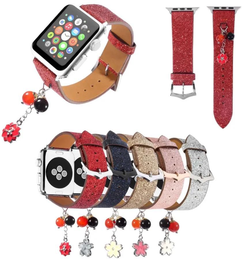 Bling Glitter Leather Strap for Apple Watch Series 3 2 1 38mm 42mm Replacement Band Shiny Ornament Pendants Bracelet for iWatch