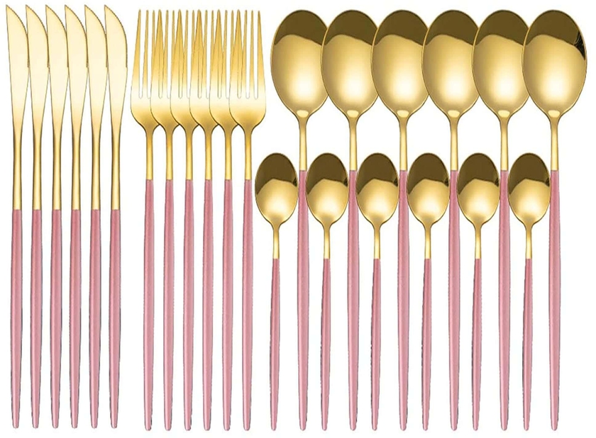 Get Stainless steel cutlery set, 30 pieces - Pink Gold with best offers | Raneen.com