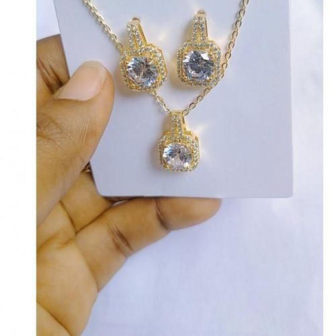 18k Gold Plated Cubic Zirconia Jewelry Set- Gold (Necklace & Earrings)