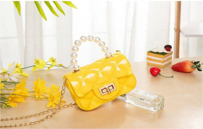 Women Mini Crossbody Purse Shoulder Bag Pearl Top Handle With Chain Strap Yellow Color