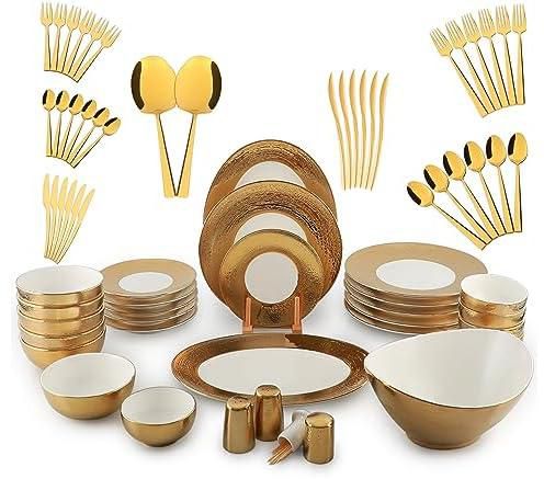 Dinnerware Set 68 Pcs LIFE SMILE, 30 Pieces Fine Porcelain Round Dinner Set With 38 Pieces Pure Stainless Steel Cutlery Set,White Gold Tableware Set | Dishwasher Safe dinner serving set for 6 Person