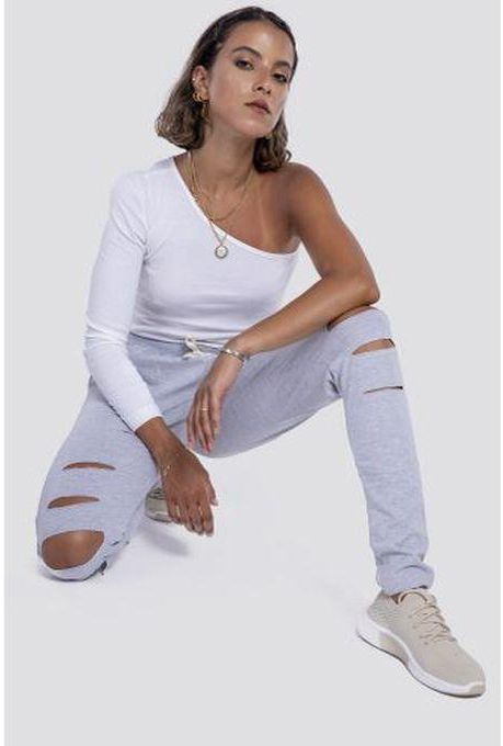 Belle Ripped Solid Slip On Pants - Heather Grey