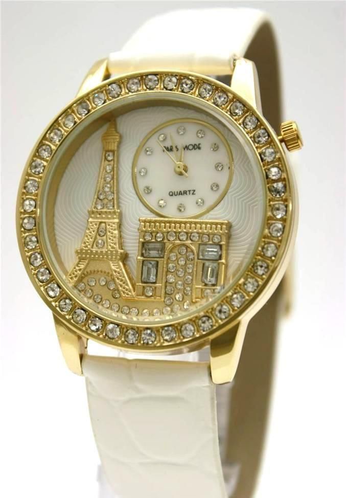 Paris Eiffel Tower Stones 3D Dial White Leather Watch,Gold Tone