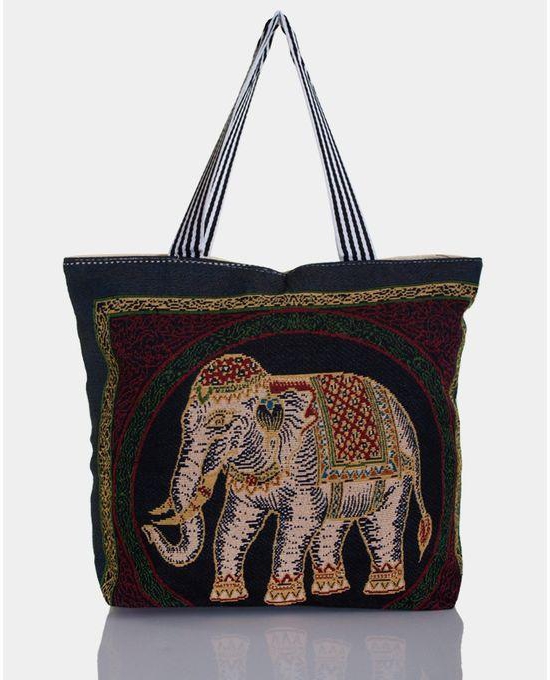 Ravin Elephant Printed Bag - Beige, Black, Green & Red