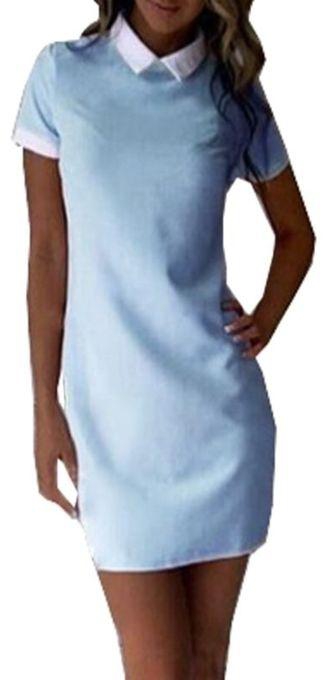 Generic Summer Dress Robe 2017 Women Turn-down Collar Short Sleeve Office Dresses Casual Straight Mini Dress Vestidos Mujer - Sky Blue
