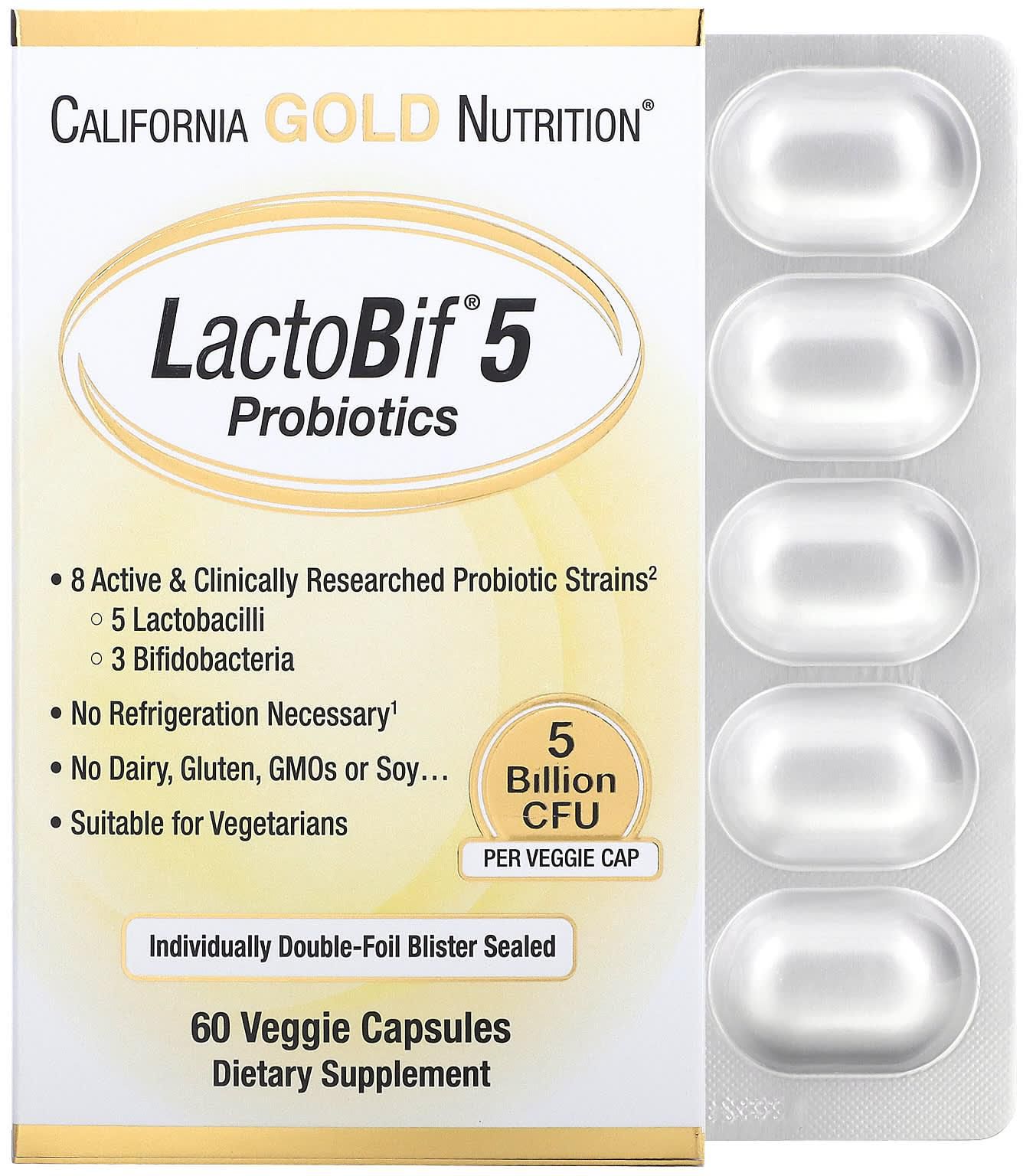 California Gold Nutrition‏, LactoBif 5 بروبيوتيك ، 5 مليار وحدة تشكيل مستعمرة ، 60 كبسولة نباتية