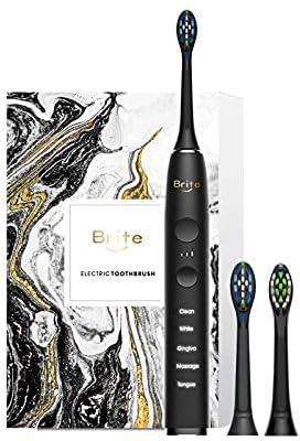 Electric Toothbrush, Brite RS2 Sonic Rechargeable Toothbrush for Adult, 5 Modes 2 Brush Heads 2min Timer IPX 7 Waterproof, 15hrs Charge 120 days Battery Life (Black)