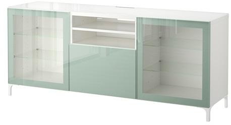 BESTÅ TV bench, white Selsviken, high-gloss/light grey-green clear glass
