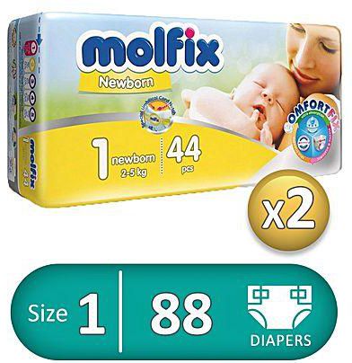 Molfix Diapers - Size 1 - 2 Packs - 88 Pcs