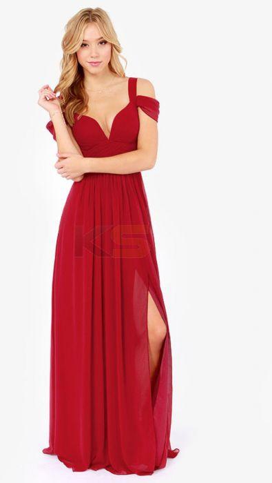 Elegant Deep V-neck Pleat Split Long Pattern Solid Gown Dress Red