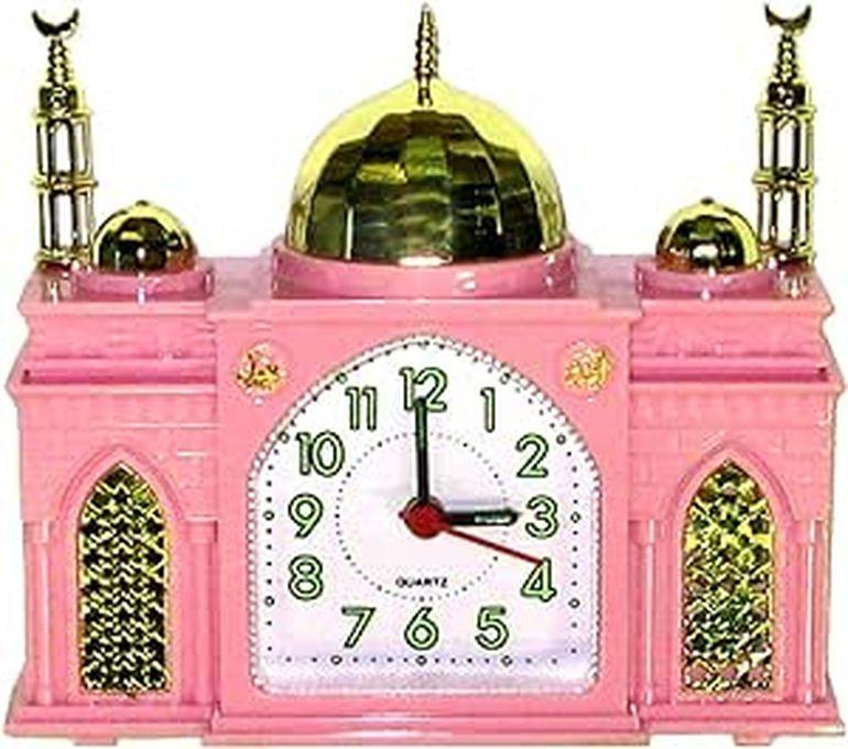ساعة على شكل مسبح منبه بطارية ساعة مسجد تلعب الأذان الإسلامية المسلمين يدعو للصلاة + جرس أبيض أخضر أزرق وردي اختر زوج واحد أو 4 حزمة (وردي)