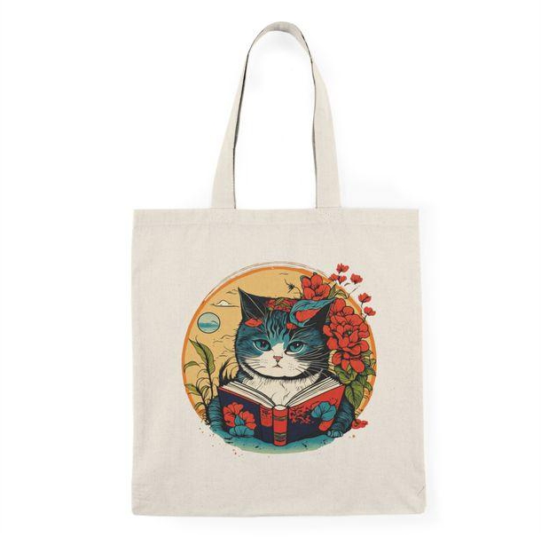 توتي باج - شنطة قماش دك ثقيل Cat Reading a Book Tote Bag
