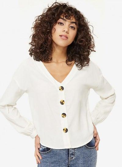 Button Up Long Sleevesl V-Neck T-Shirt White