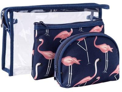 3-Piece Waterproof Multi-Purpose Flamingo Makeup Cosmetic Bag Set Multicolour