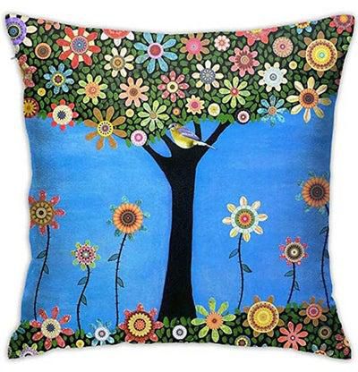 Oil Painting Large Tree And Flower Birds Pillow Covers combination Multicolour 18x18inch