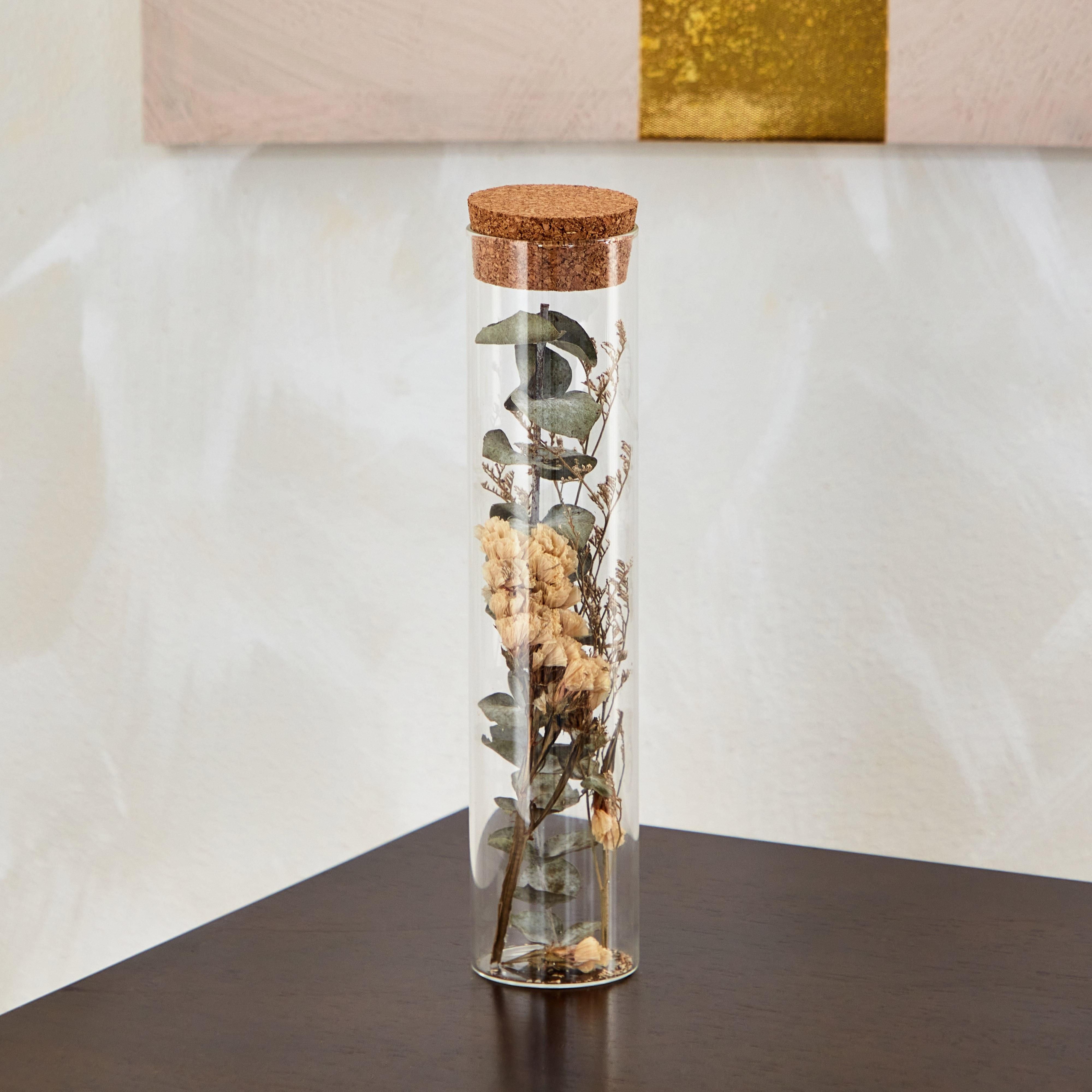 Live Clear Glass Cylinder Accent with Dried Flowers and Cork - 5x5x23 cm