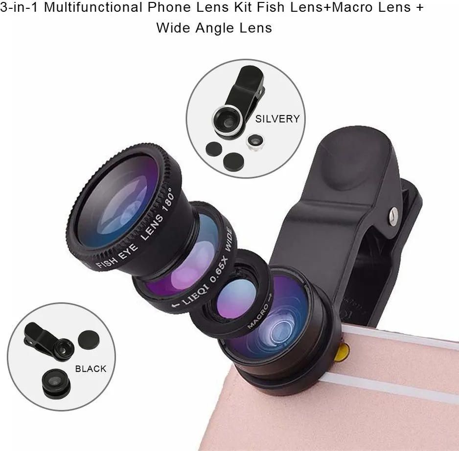 3-in-1 Fish Eye Lens Camera Kits Universal Wide Angle Mobile Phone Lenses Macro with Clip 0.67x For All Phones
