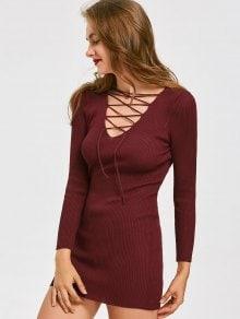 Lace Up Ribbed Mini Knitted Dress