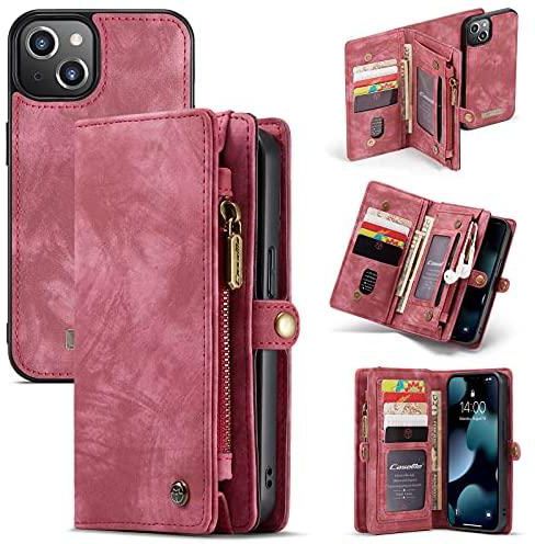 CaseMe Leather Flip Wallet Case for iPhone 13,Detachable Back Magnetic Closure 2-in-1 Shockproof Zipper Purse Cover with Card Slots (13, Red)